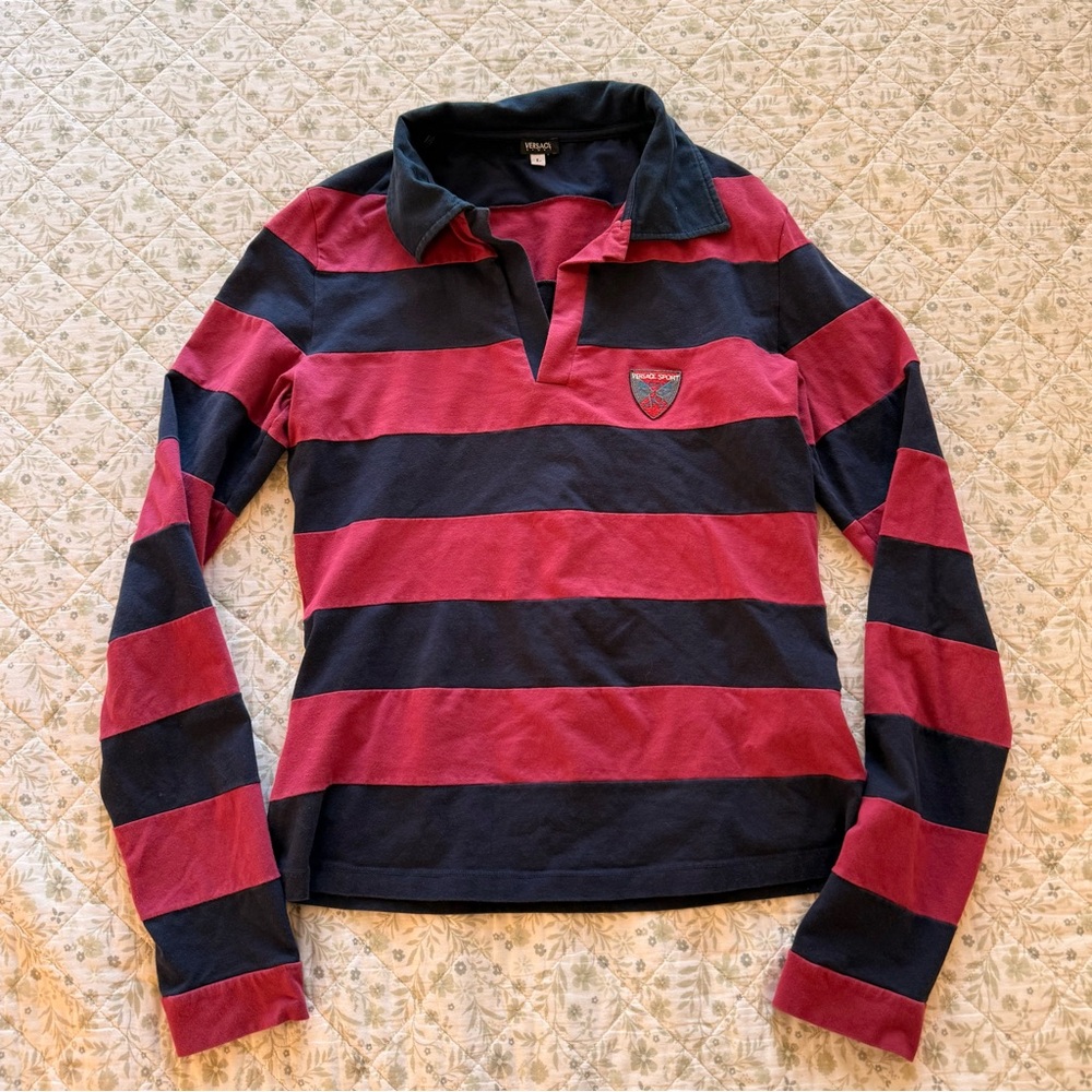 Versace red and navy striped rugby polo long sleeve